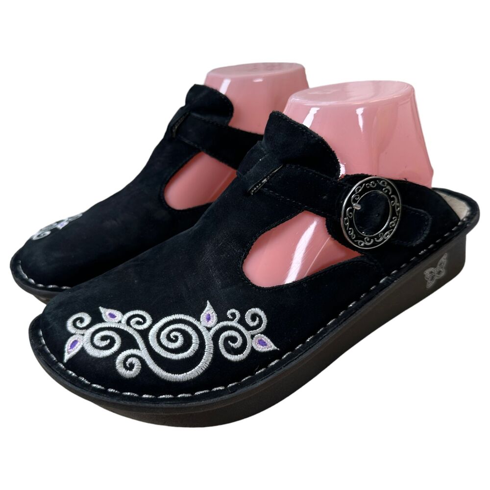 Alegria Black Suede Embroidered Mules AL-941 Women's Size 39 US 9